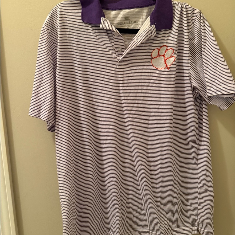 Colosseum Clemson Men’s Purple and White Striped Polo with Orange Paw